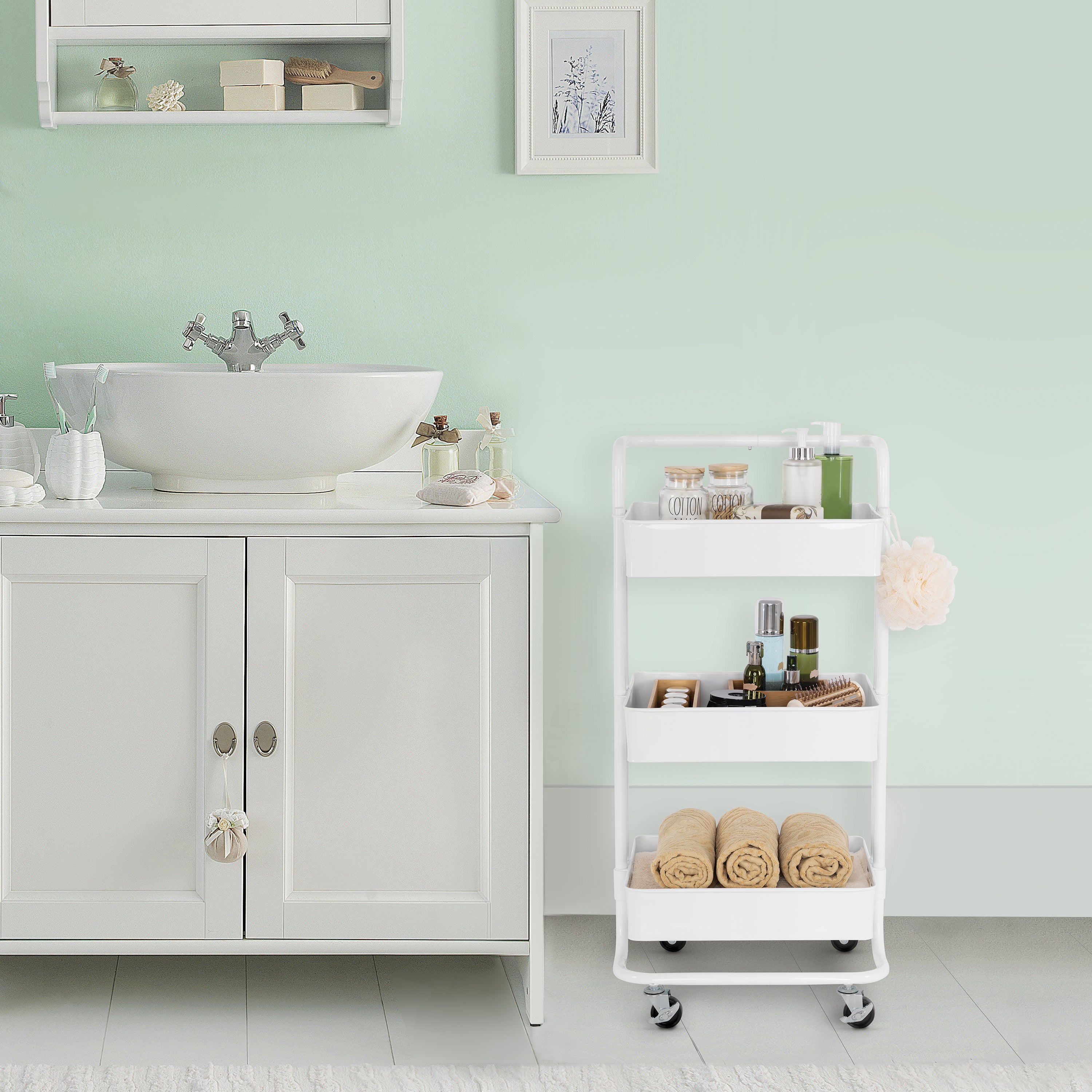 3-Tier Steel Cart with Handle, White - Image 10