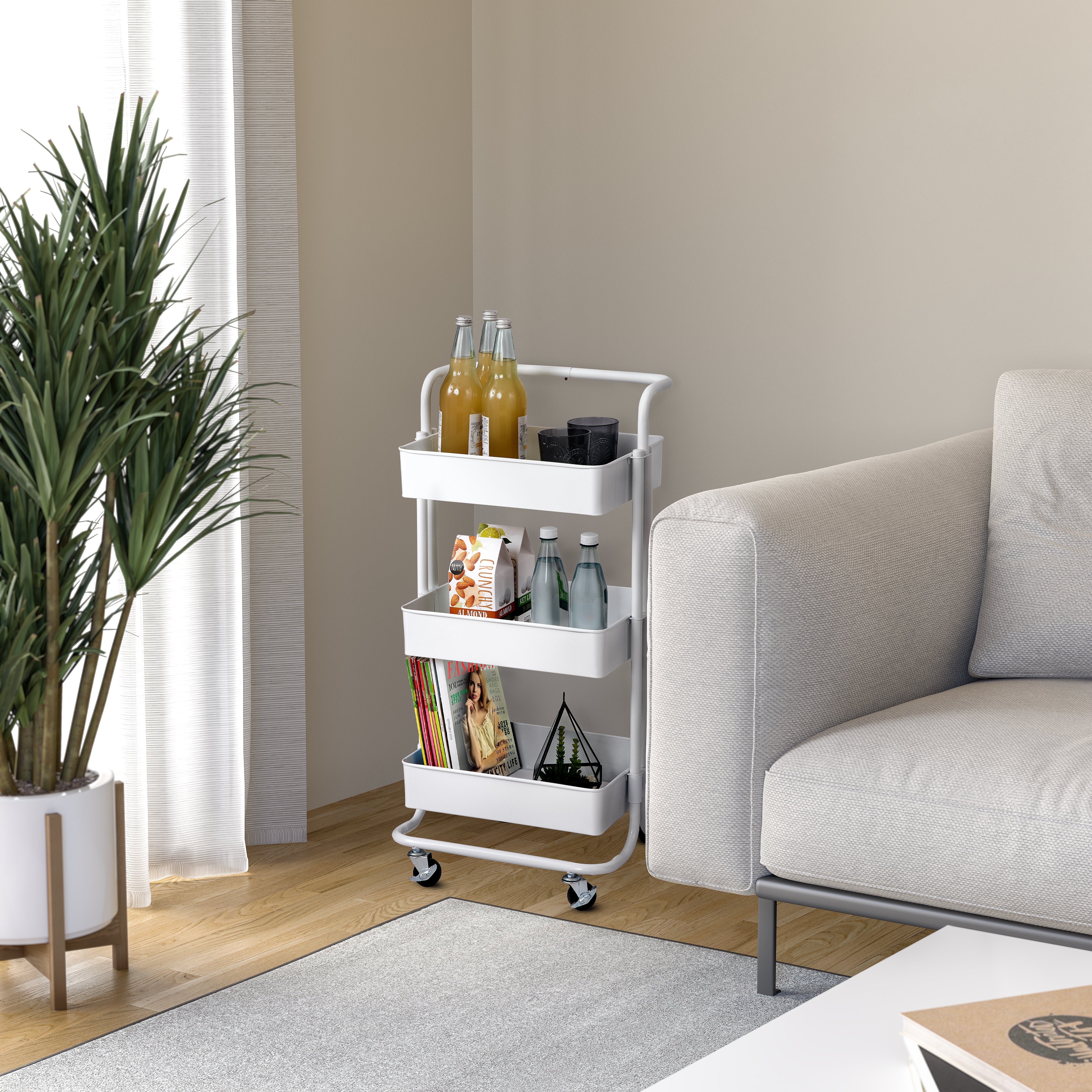 3-Tier Steel Cart with Handle, White - Image 2