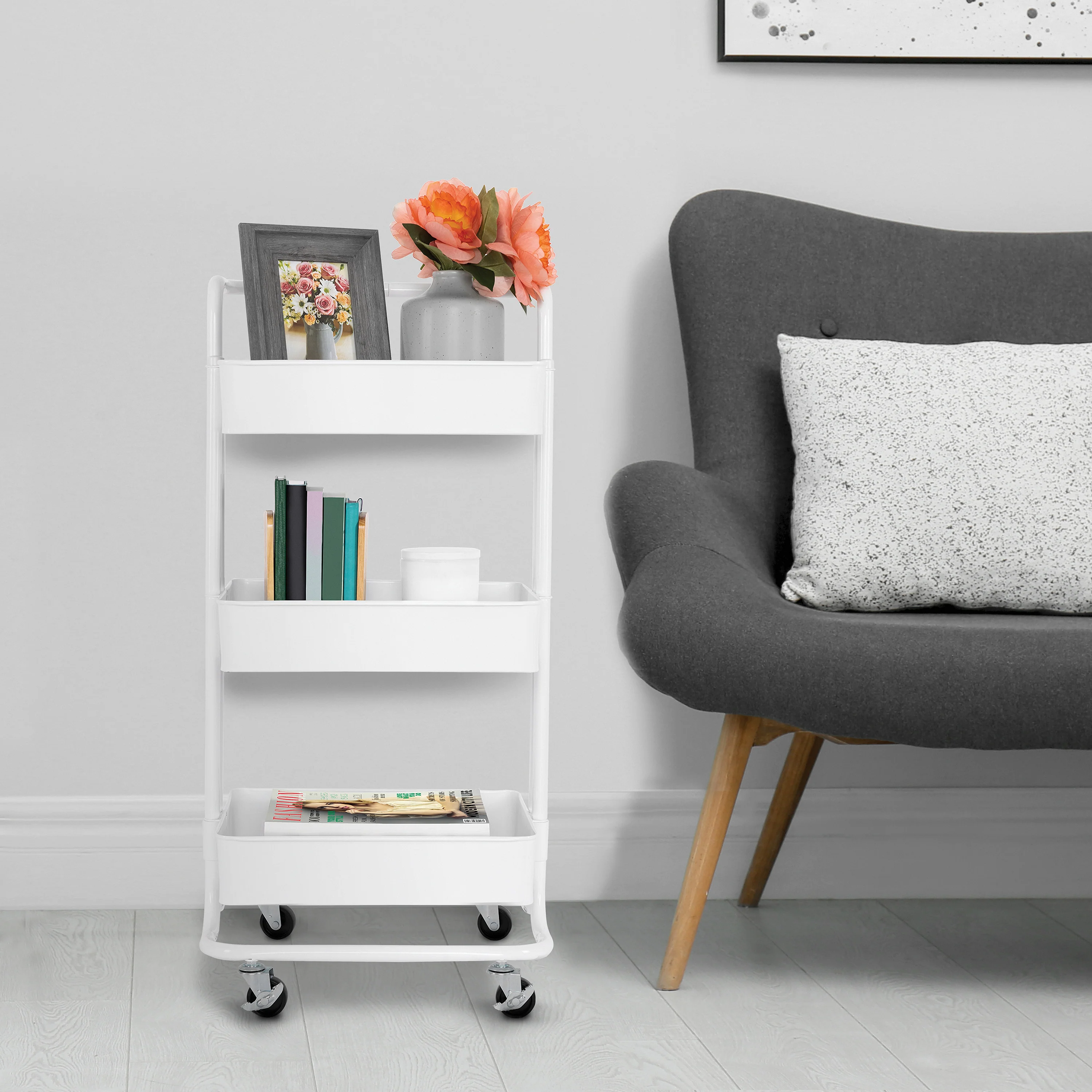 3-Tier Steel Cart with Handle, White - Image 8