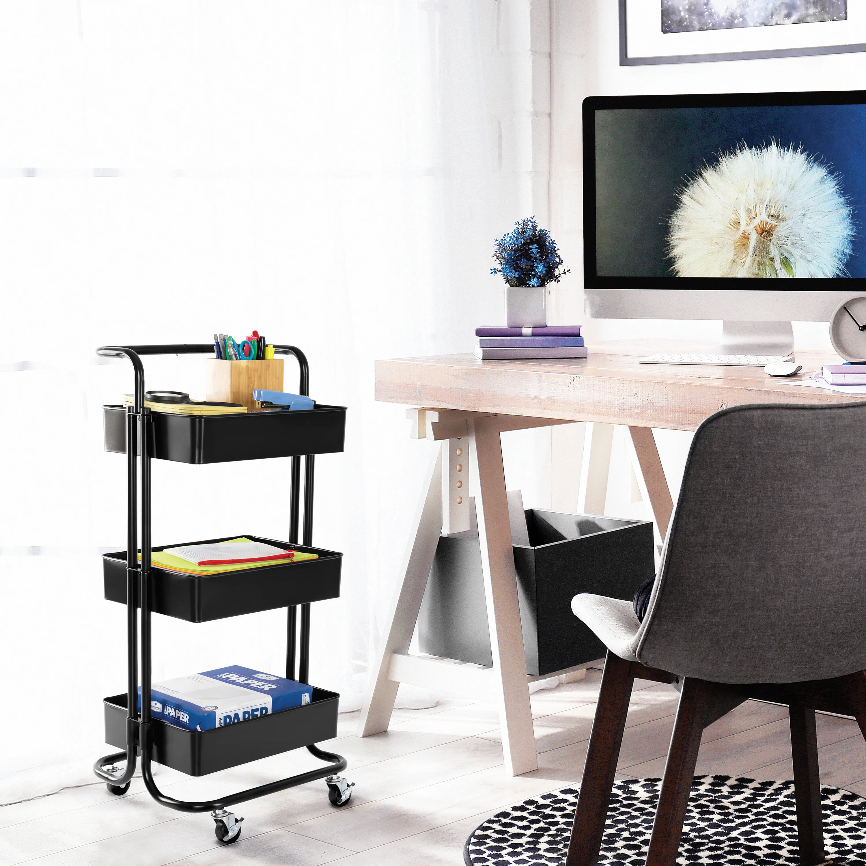 3-Tier Steel Cart with Handle, Black - Image 2