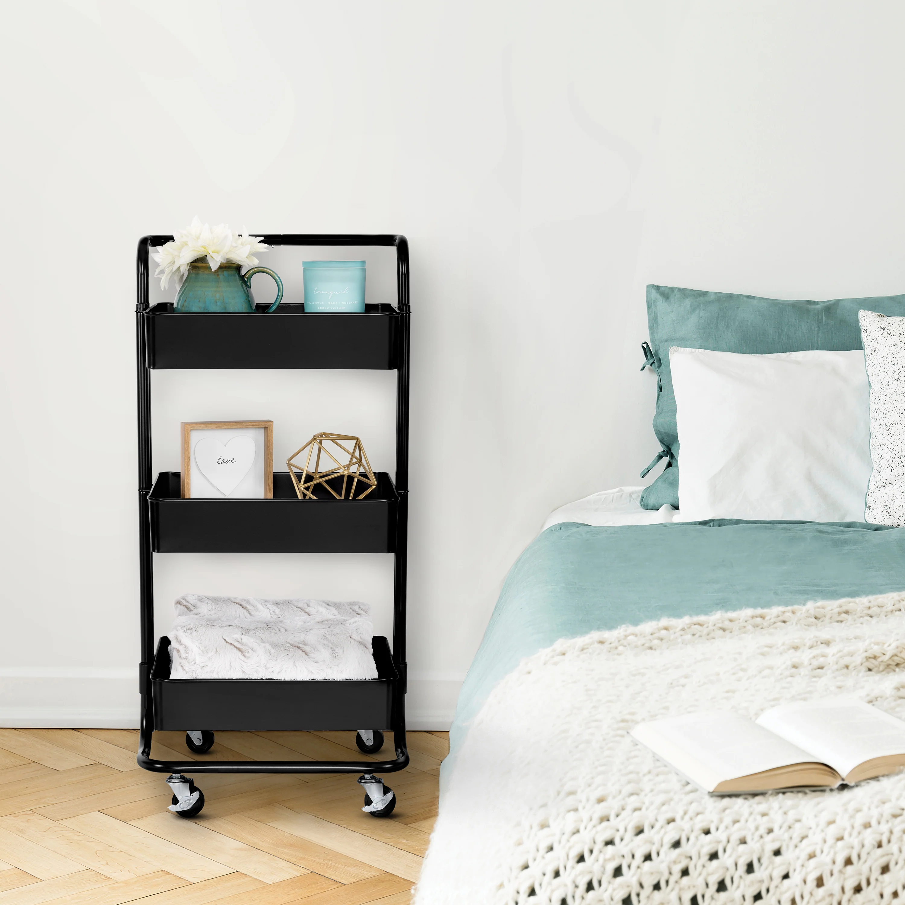 3-Tier Steel Cart with Handle, Black - Image 6