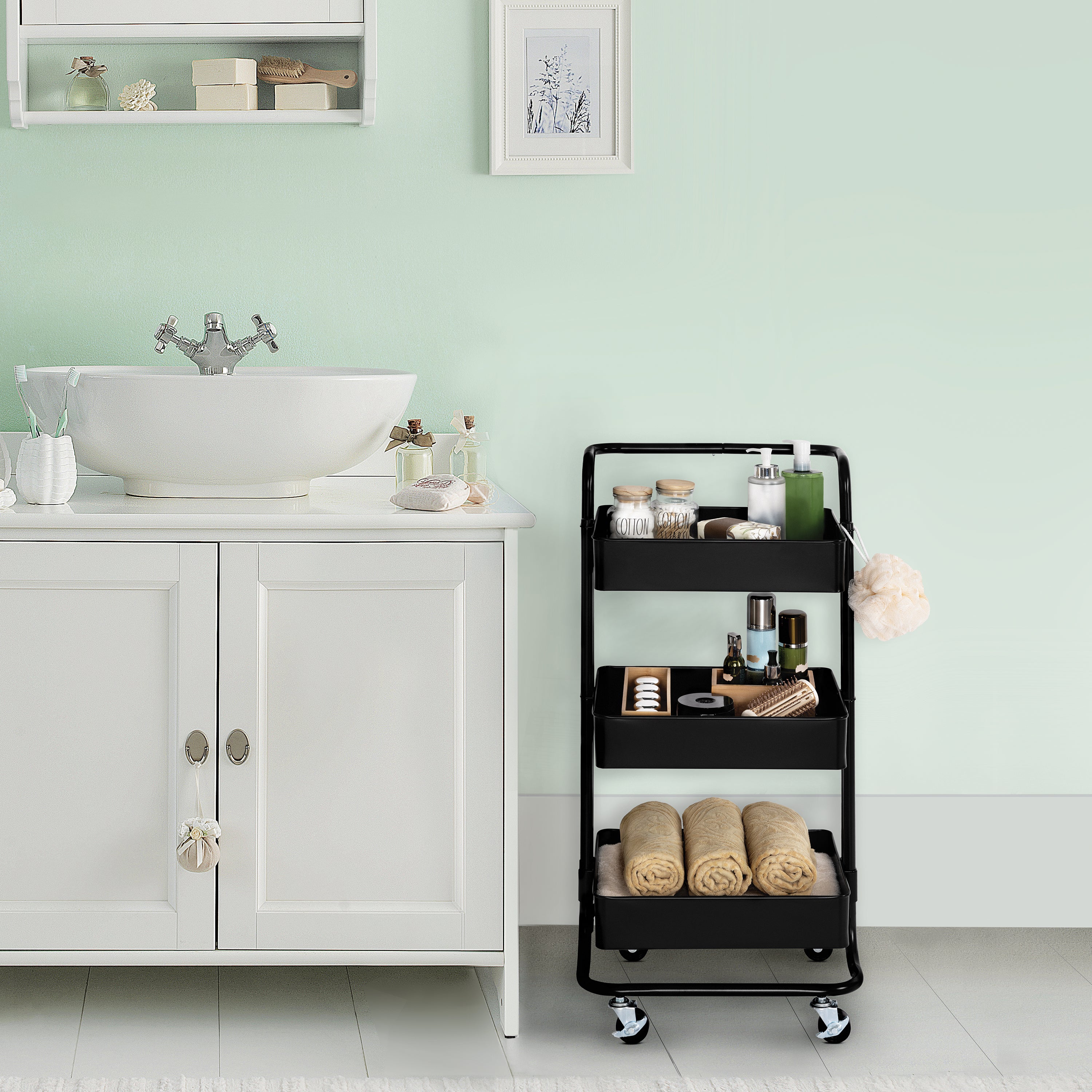 3-Tier Steel Cart with Handle, Black - Image 7