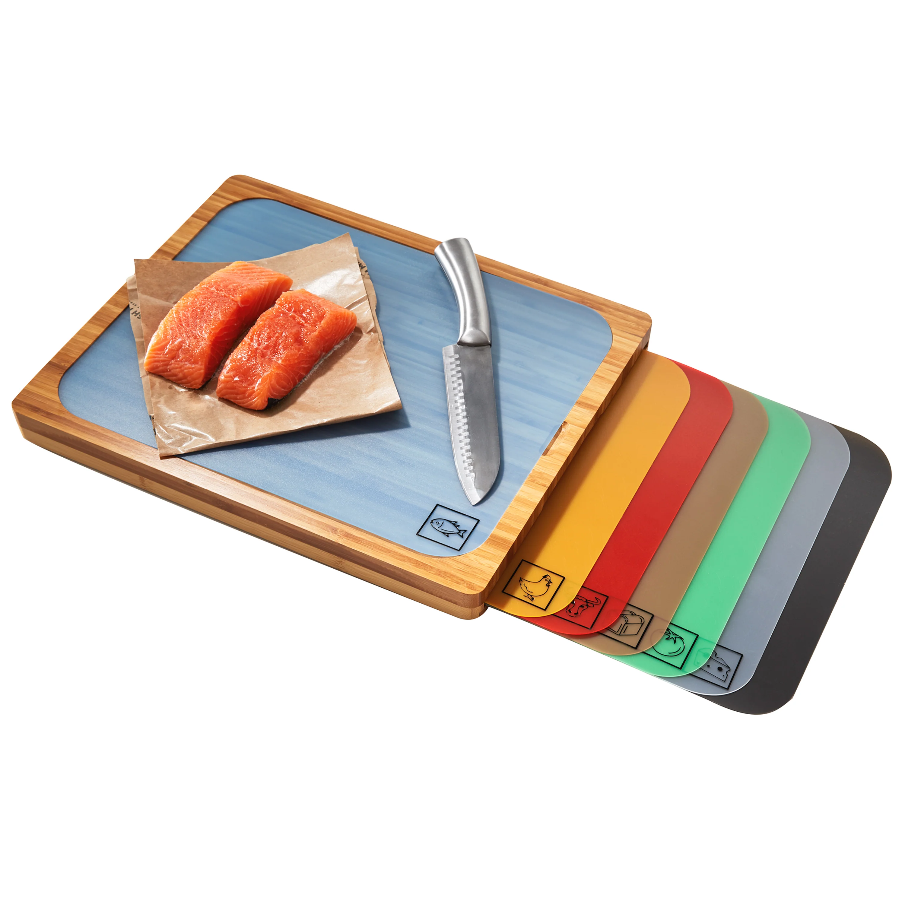 Bamboo Cutting Board w/ 7 Color-Coded Cutting Mats - Image 15