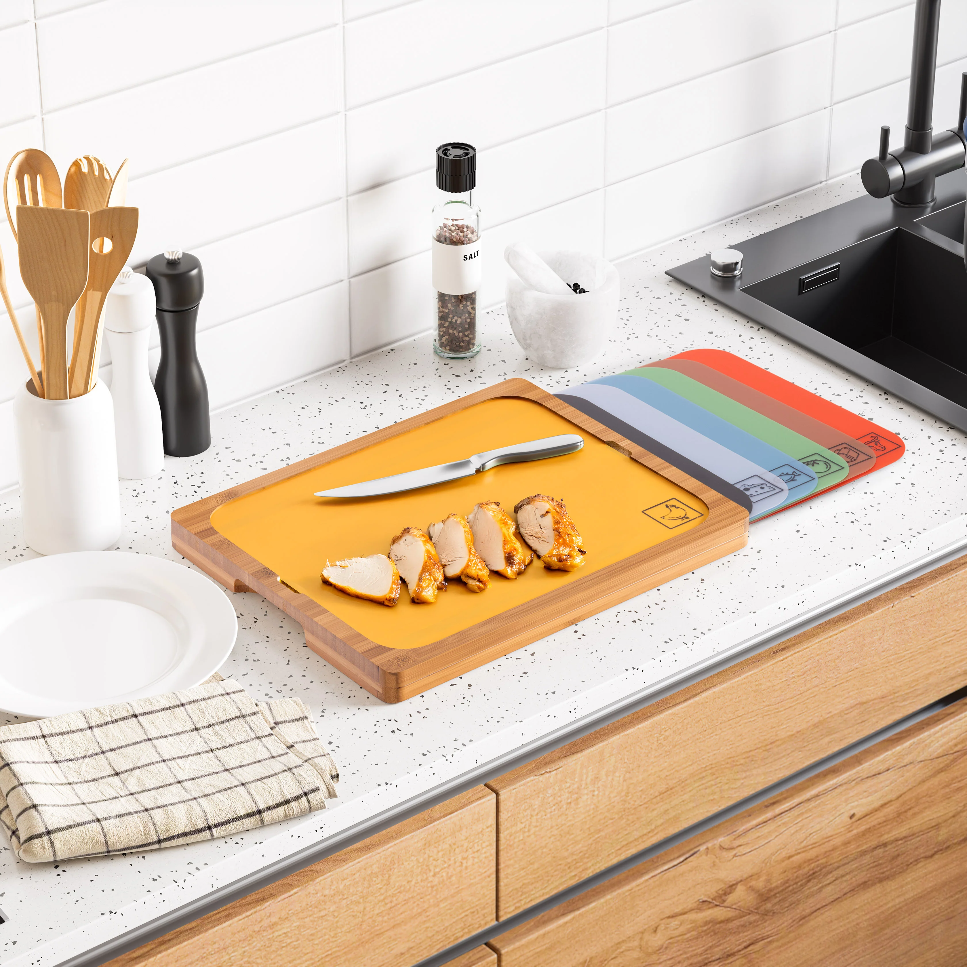 Bamboo Cutting Board w/ 7 Color-Coded Cutting Mats - Image 9
