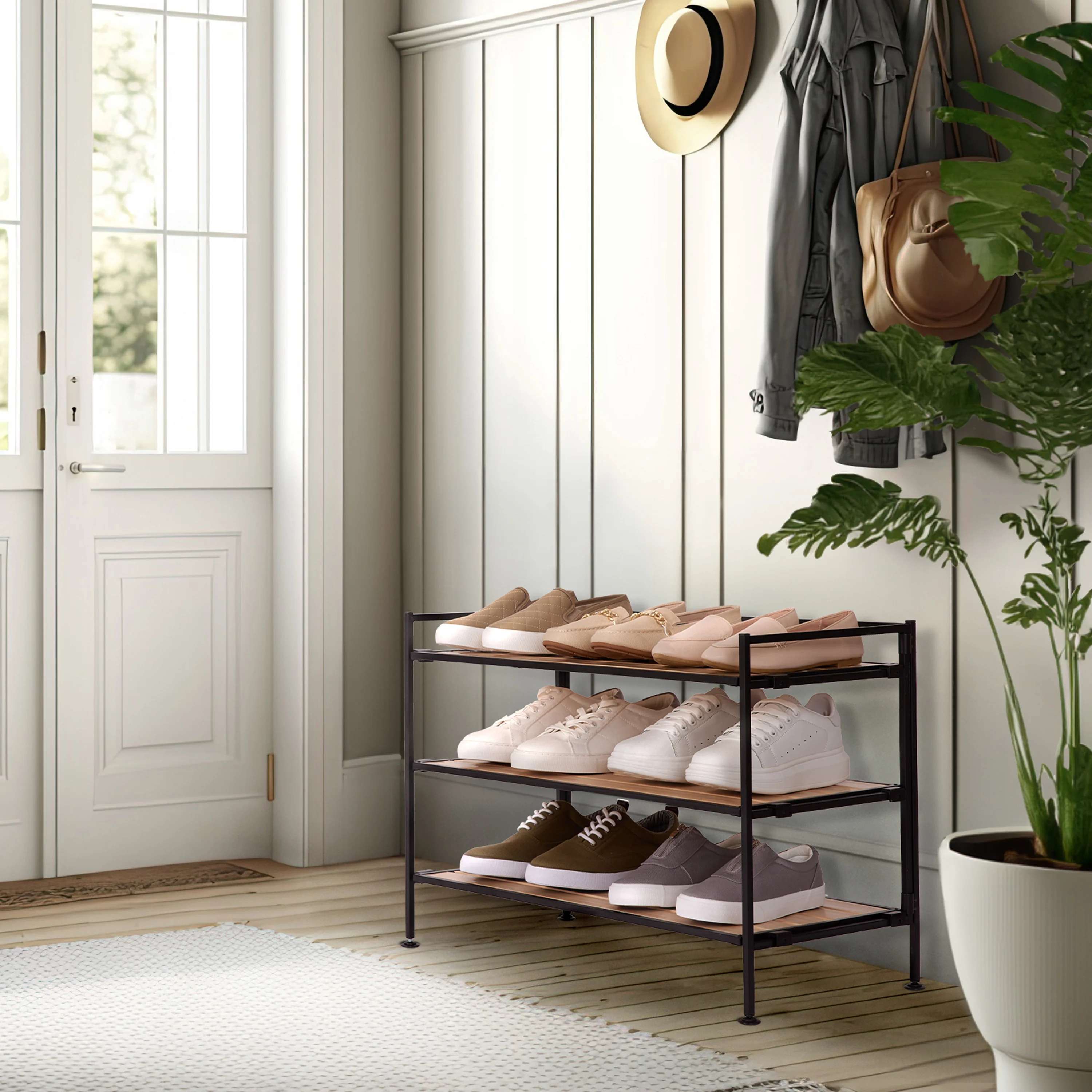 HOME 3-Tier Resin Slatted Shoe Rack, White Oak - Image 2