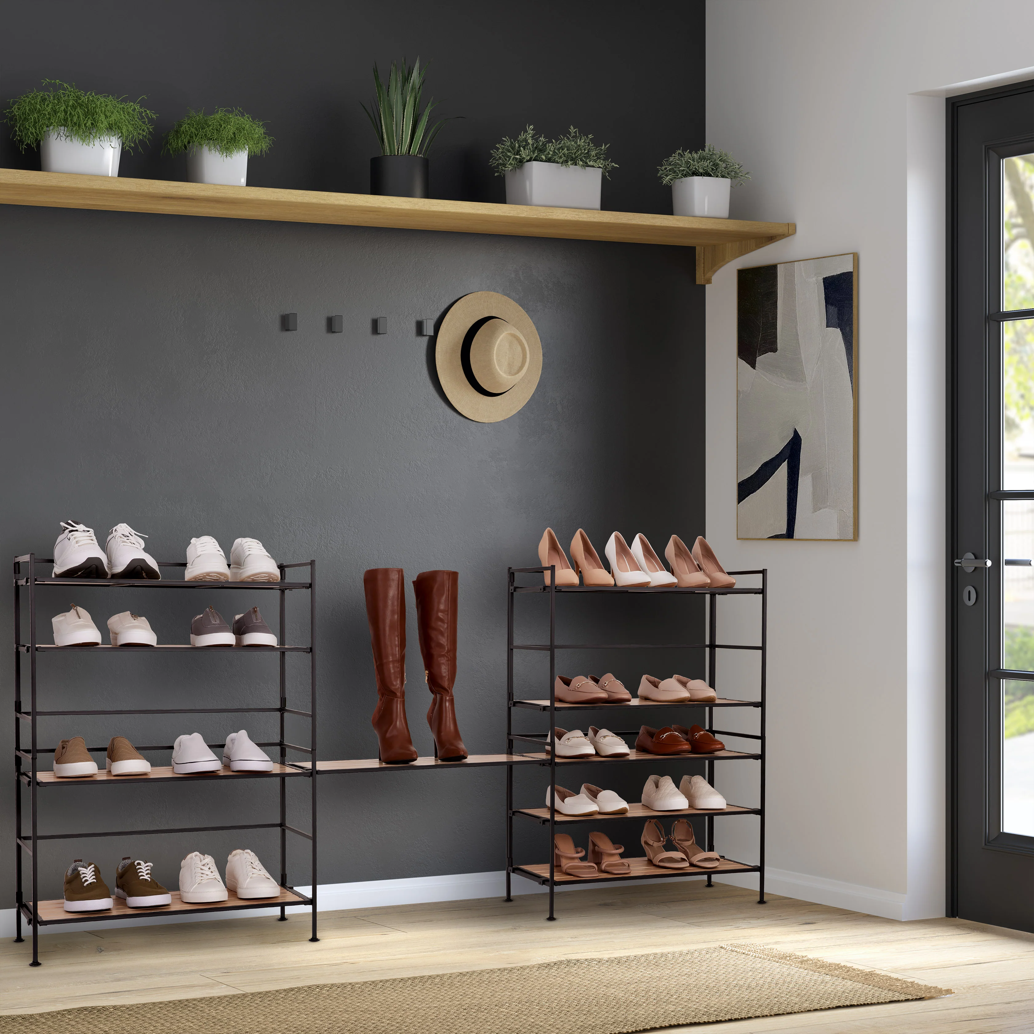 HOME 3-Tier Resin Slatted Shoe Rack, White Oak - Image 9