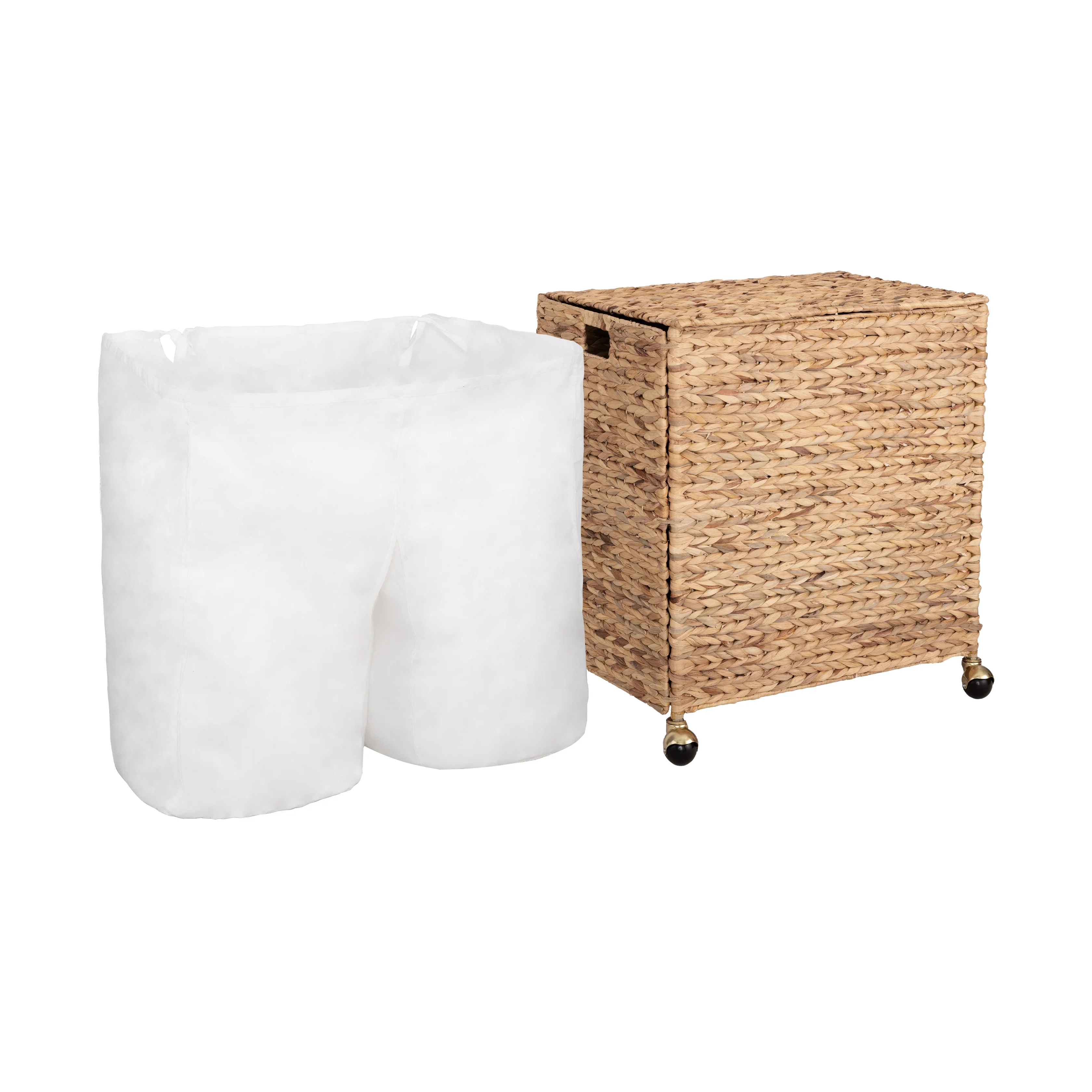 Natural Water Hyacinth Handwoven Lidded Double Laundry Hamper with Gold Sphere Casters - Image 7