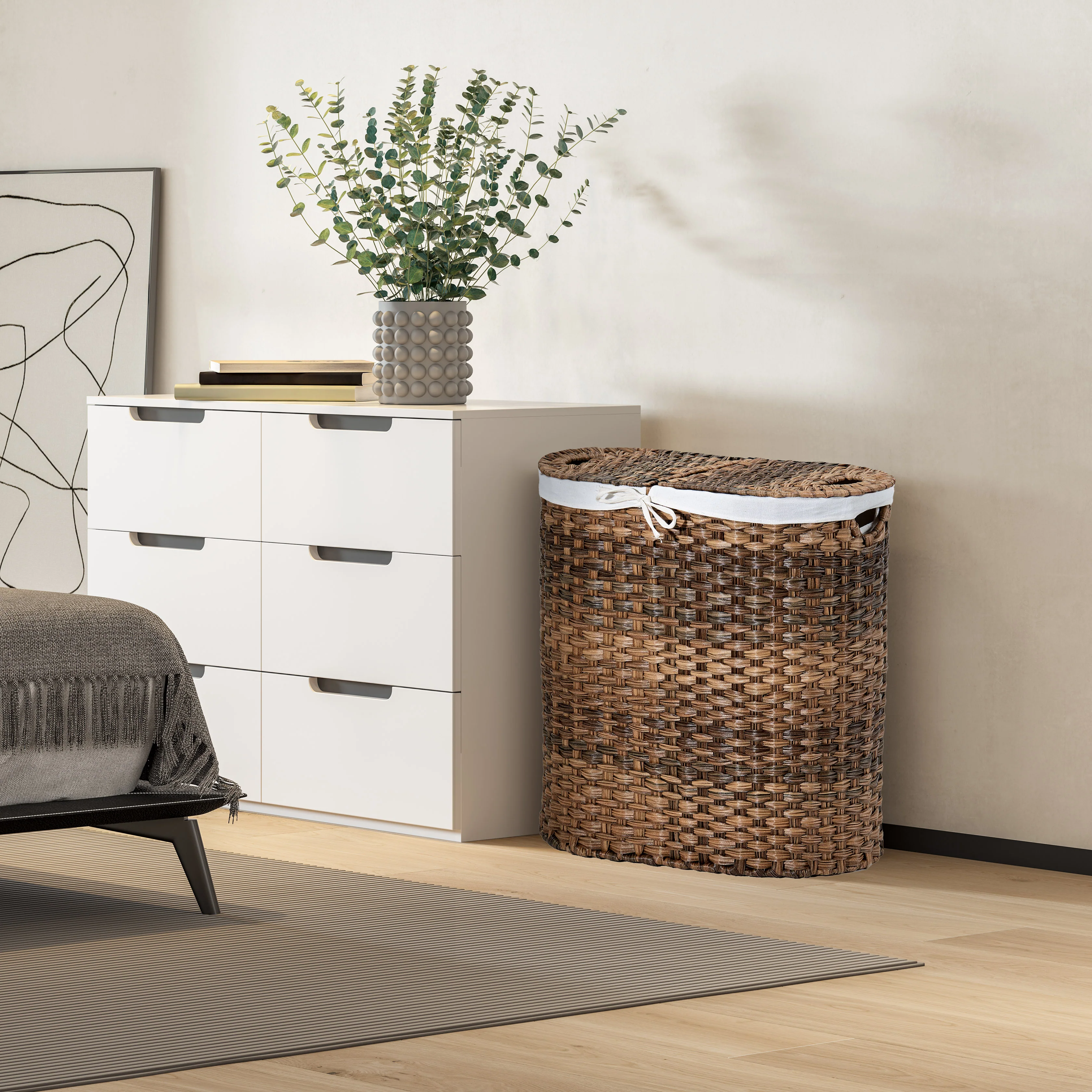 Handwoven Lidded Oval Double Laundry Hamper, Mocha Brown - Image 2