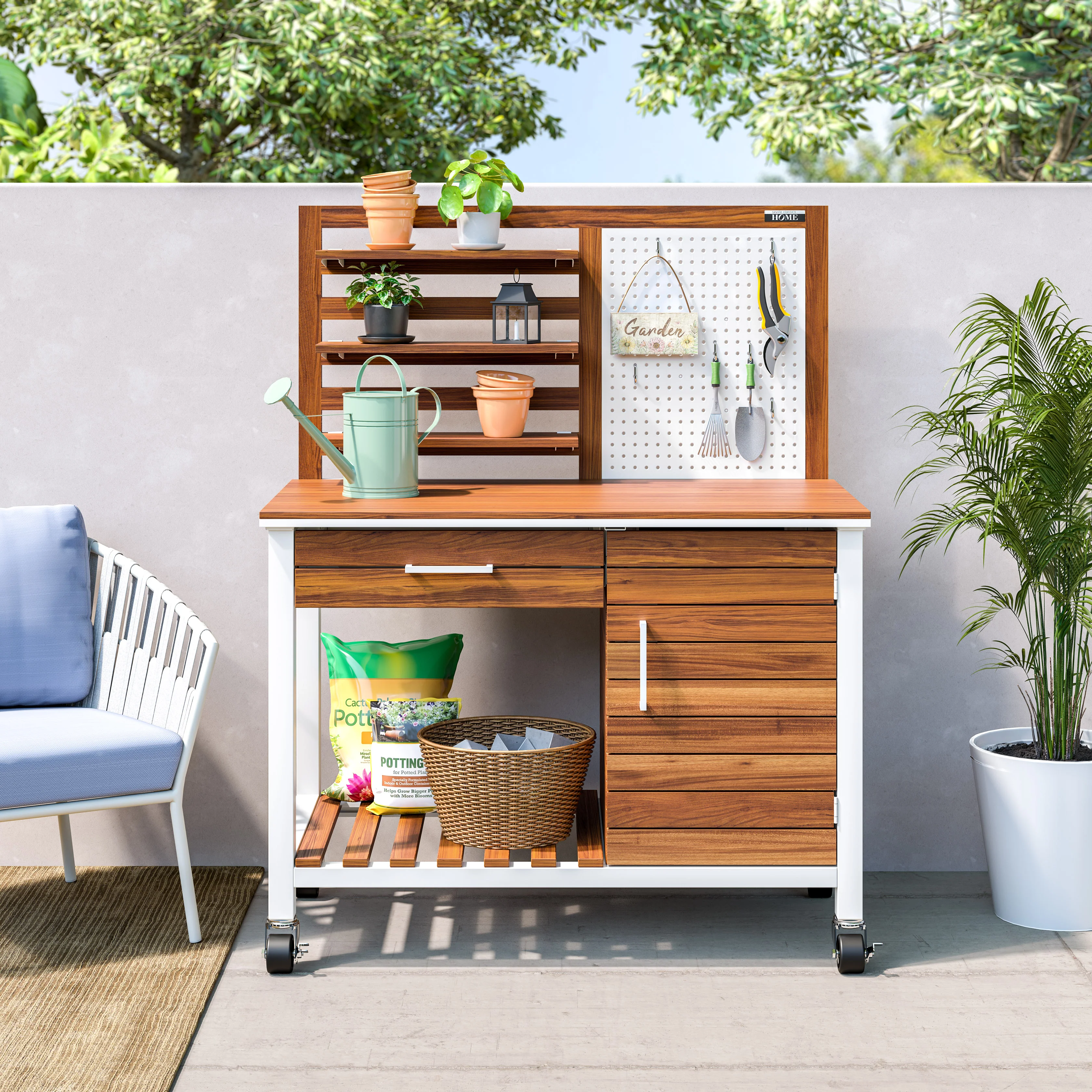 HOME Outdoor Acacia Wood Mobile Potting Bench - Image 22