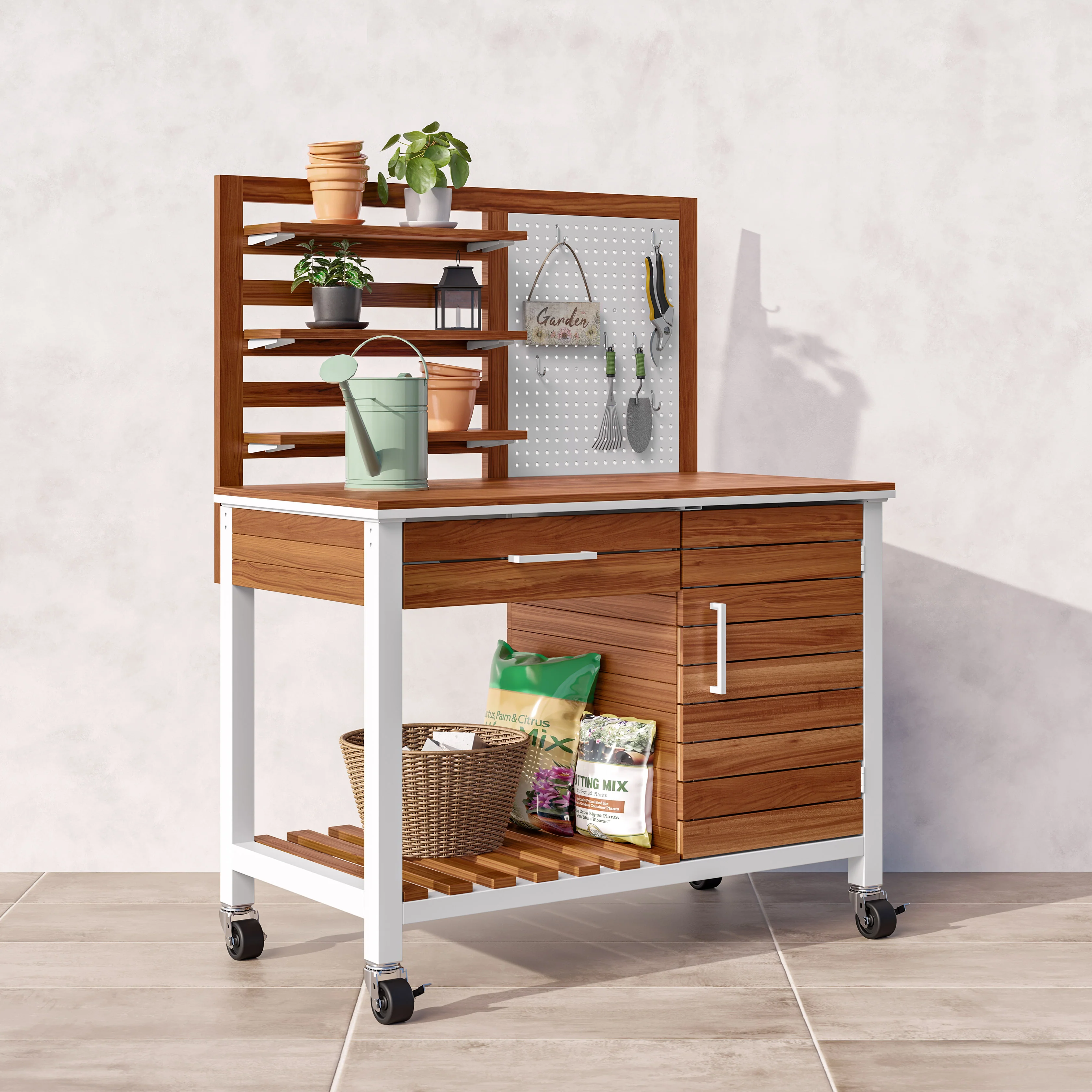 HOME Outdoor Acacia Wood Mobile Potting Bench - Image 25