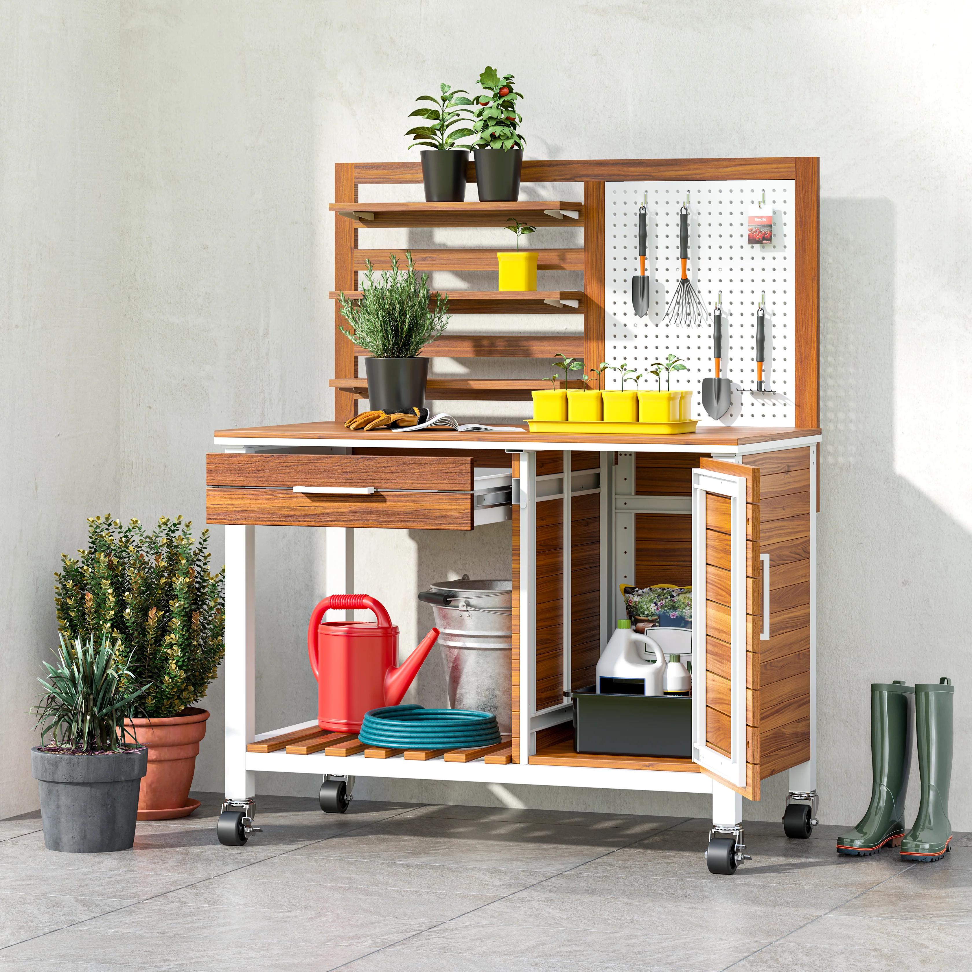 HOME Outdoor Acacia Wood Mobile Potting Bench - Image 26