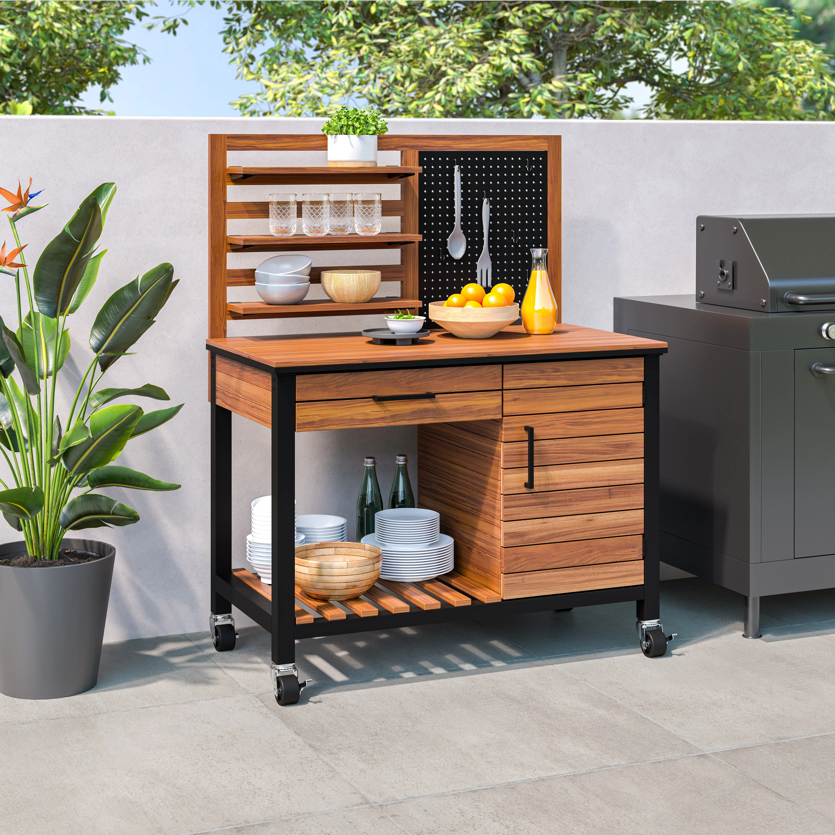 HOME Outdoor Acacia Wood Mobile Potting Bench - Image 29