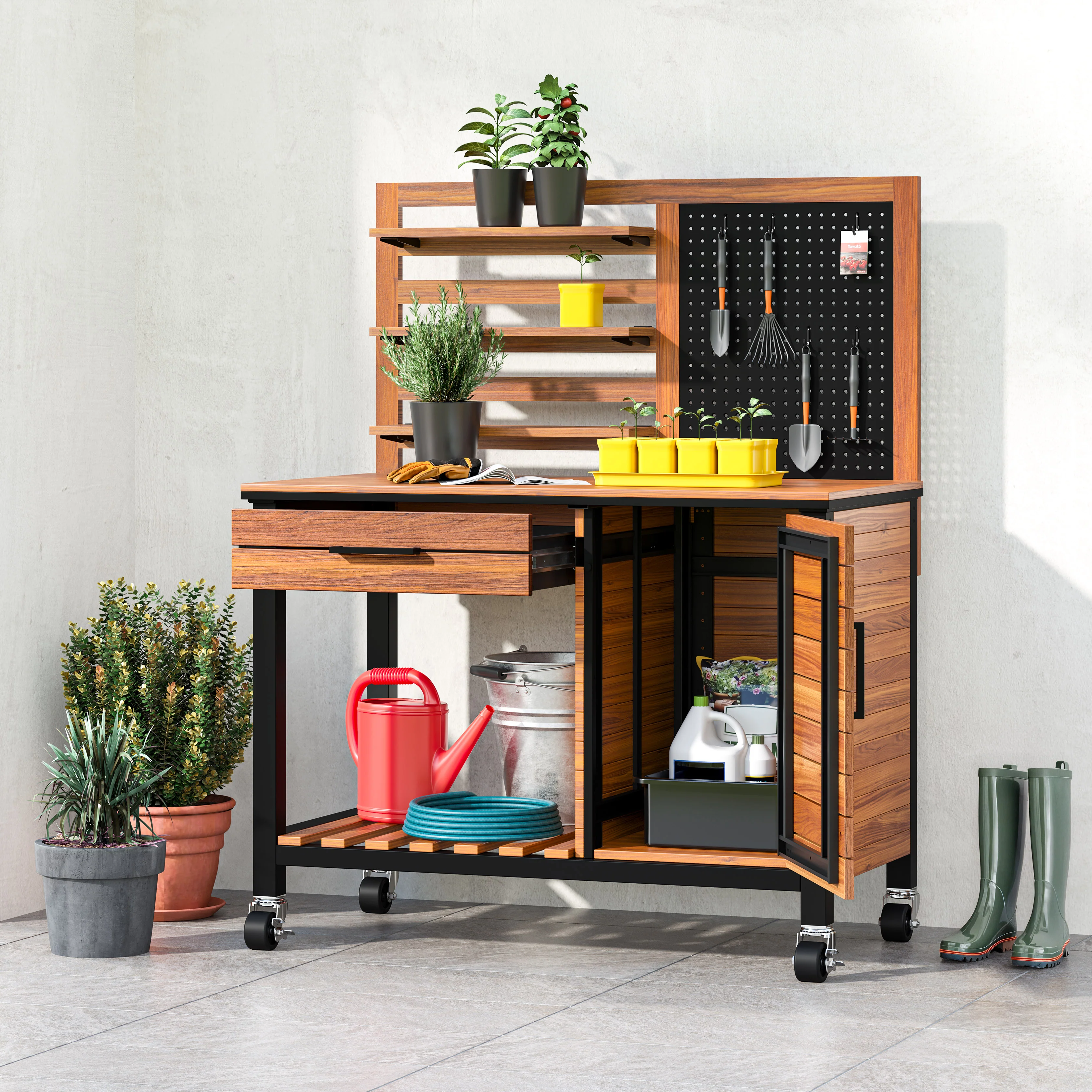 HOME Outdoor Acacia Wood Mobile Potting Bench - Image 33