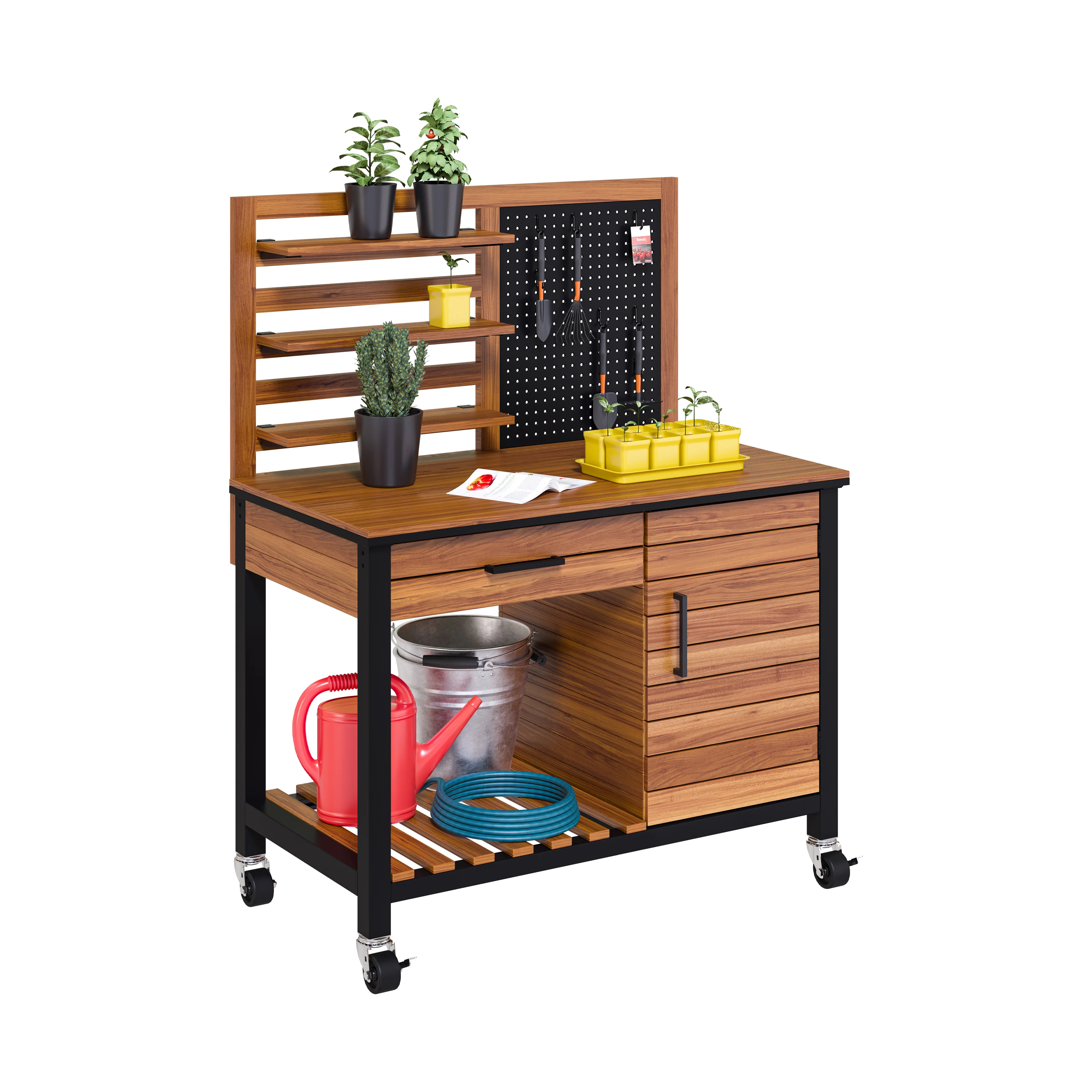 HOME Outdoor Acacia Wood Mobile Potting Bench - Image 36