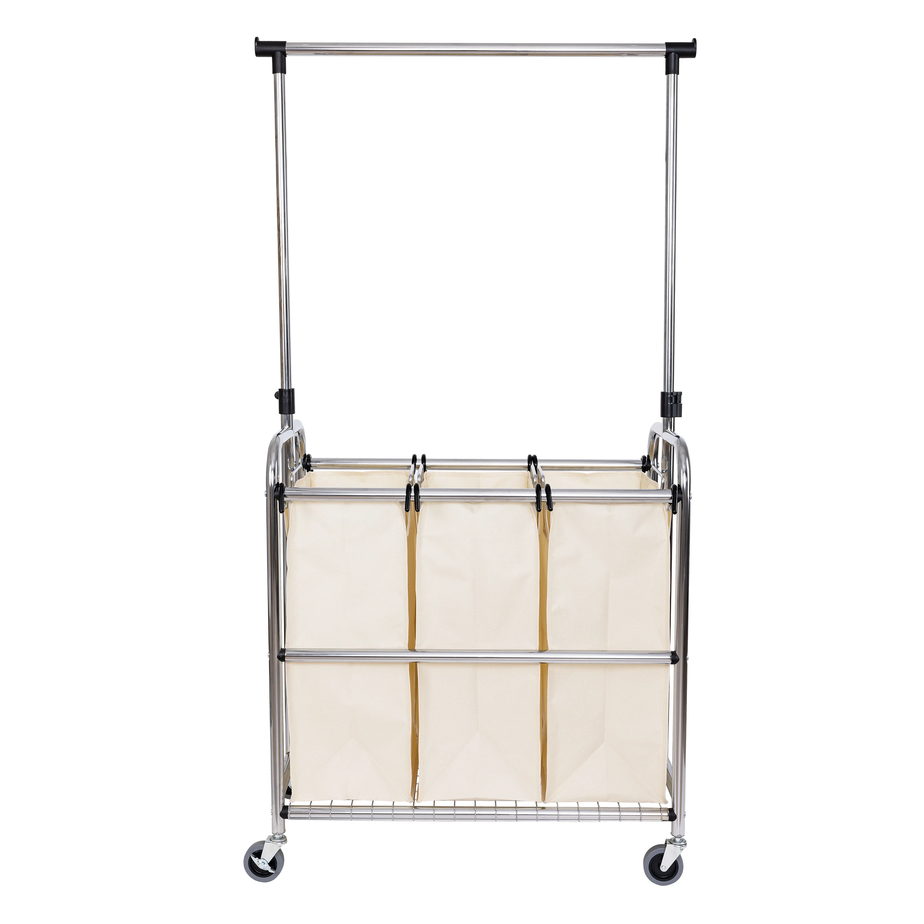 Rolling 3-Bag Steel Laundry Sorter w/ Hanging Bar - Image 10