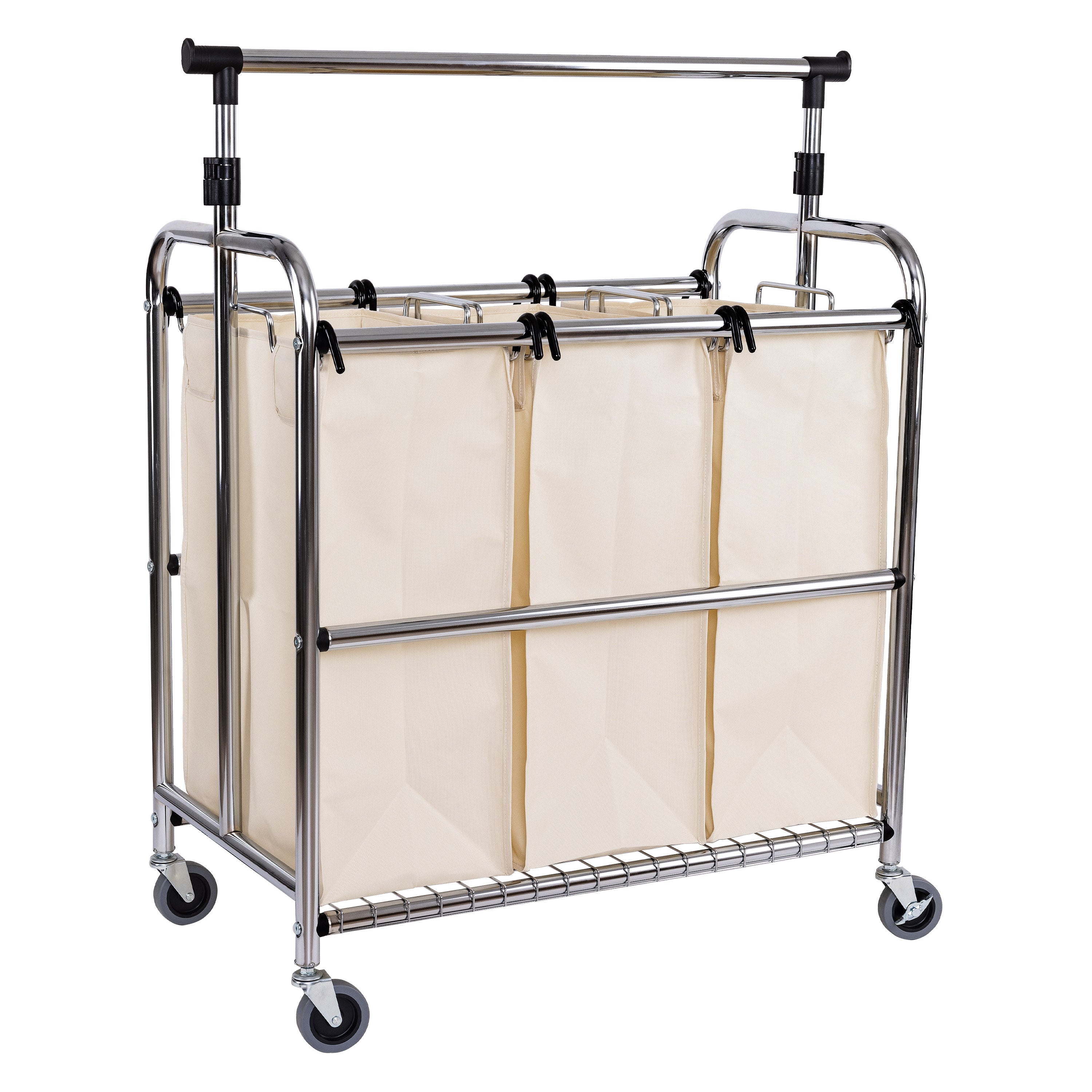 Rolling 3-Bag Steel Laundry Sorter w/ Hanging Bar - Image 12