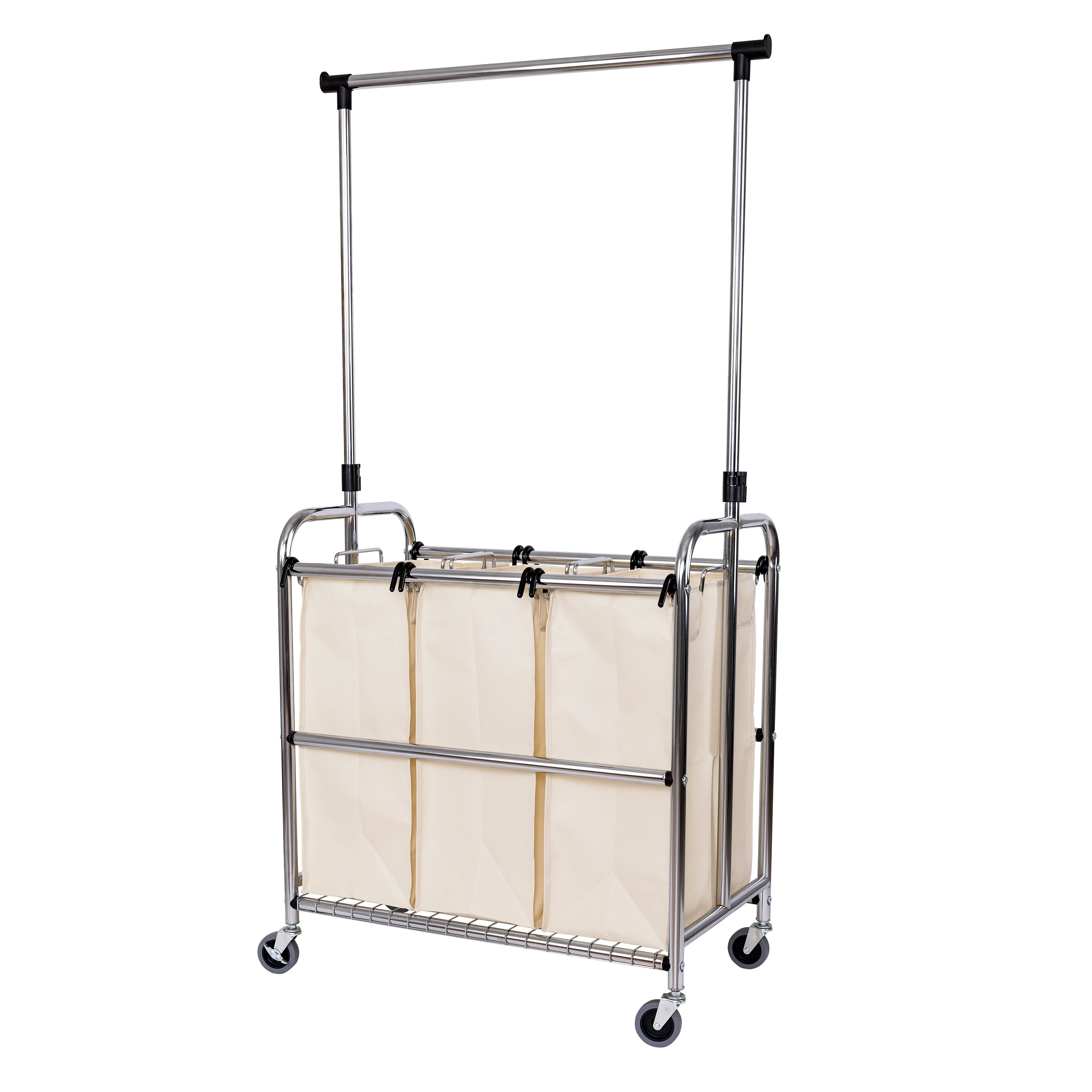 Rolling 3-Bag Steel Laundry Sorter w/ Hanging Bar - Image 13