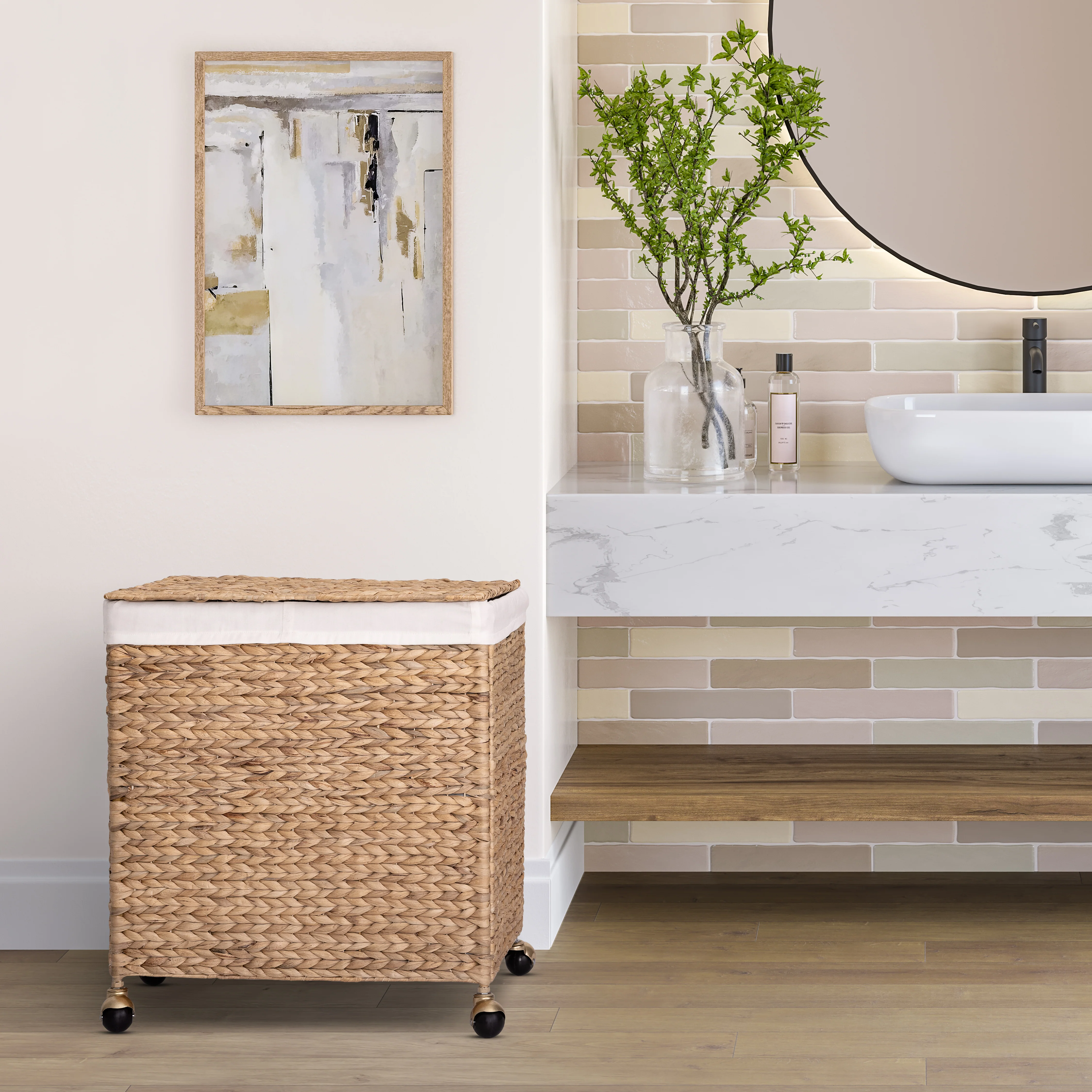 Natural Water Hyacinth Handwoven Lidded Double Laundry Hamper with Gold Sphere Casters - Image 3