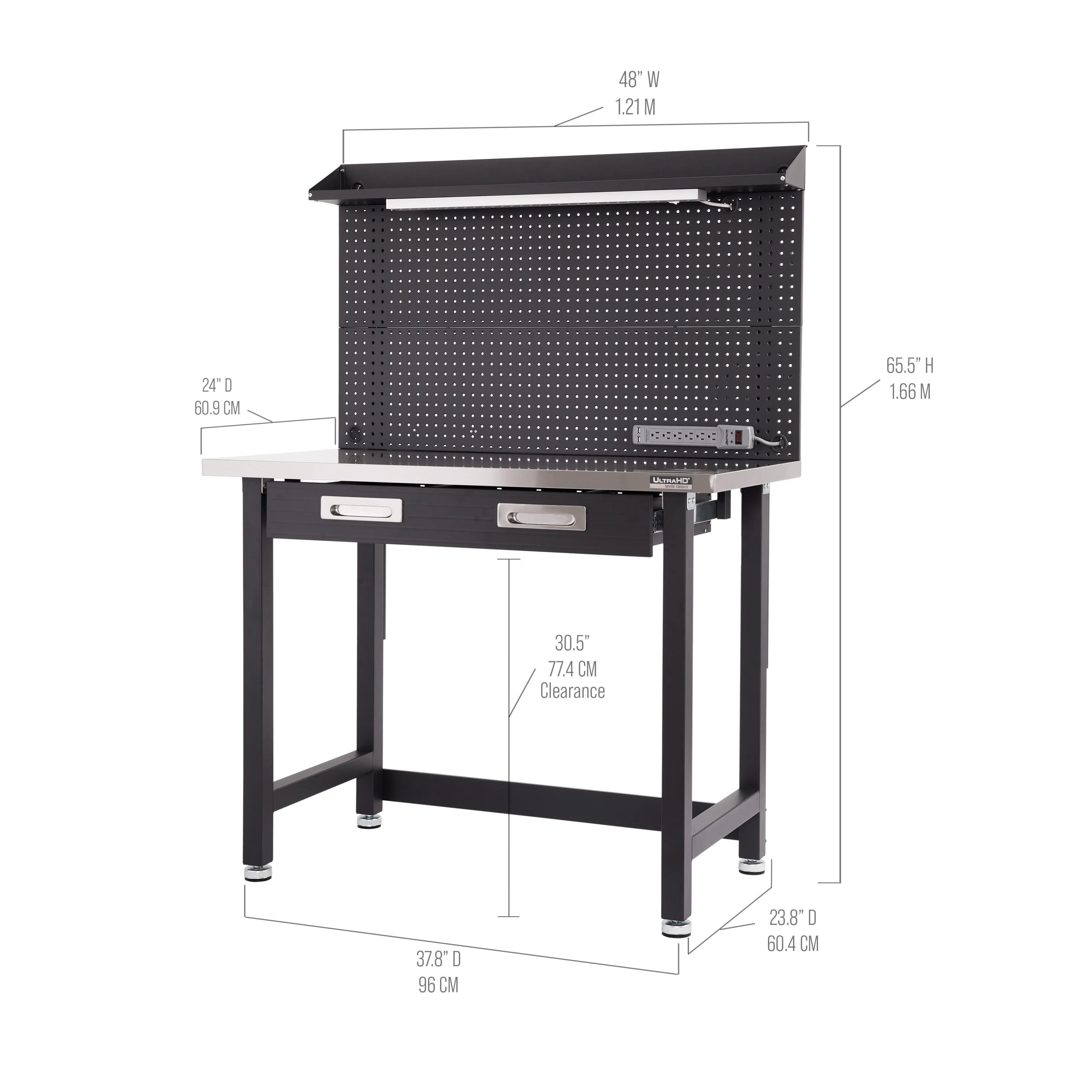 UltraHD® Lighted Workcenter w/ Stainless Steel Top and Pegboard, Graphite - Image 3