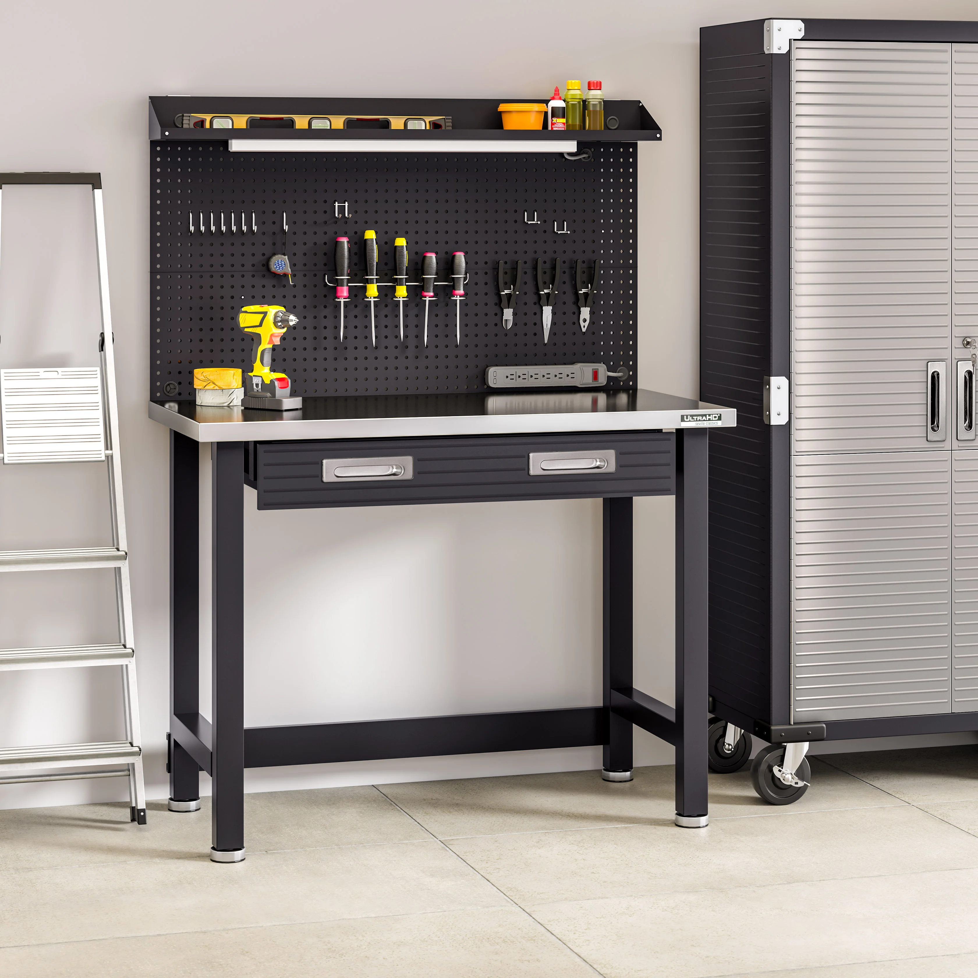 UltraHD® Lighted Workcenter w/ Stainless Steel Top and Pegboard, Graphite - Image 16