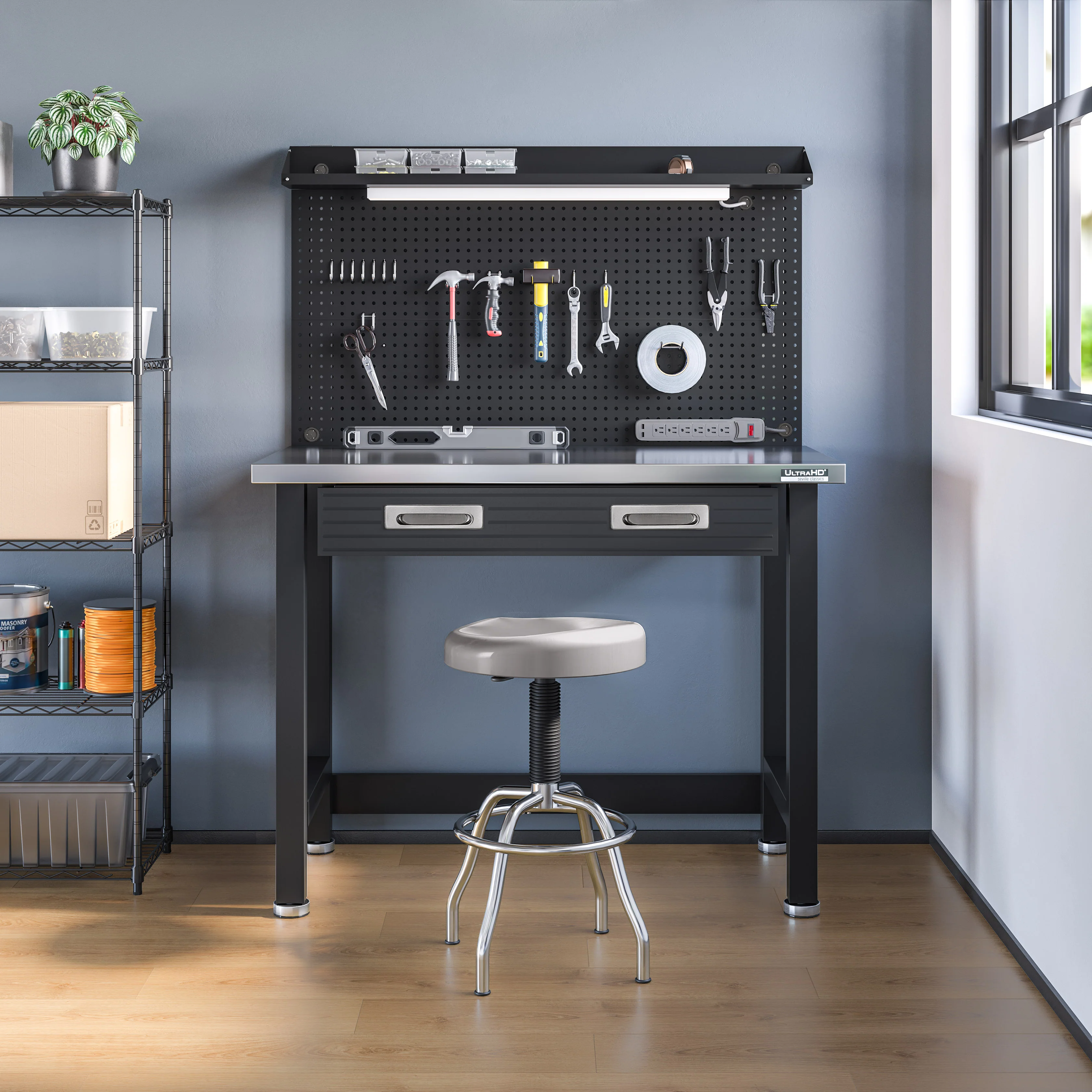 UltraHD® Lighted Workcenter w/ Stainless Steel Top and Pegboard, Graphite - Image 2