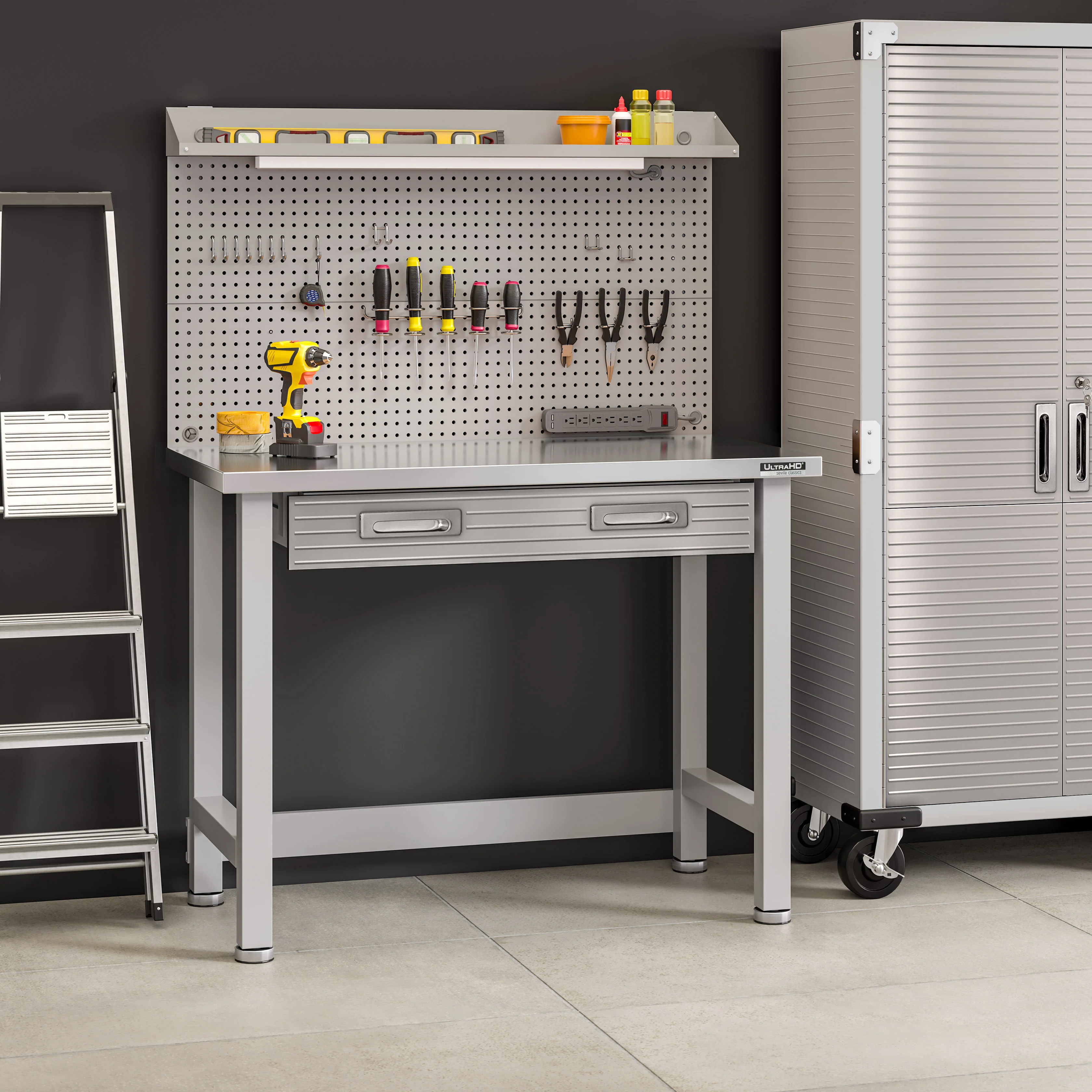 UltraHD® Lighted Workcenter w/ Stainless Steel Top and Pegboard, Granite - Image 2