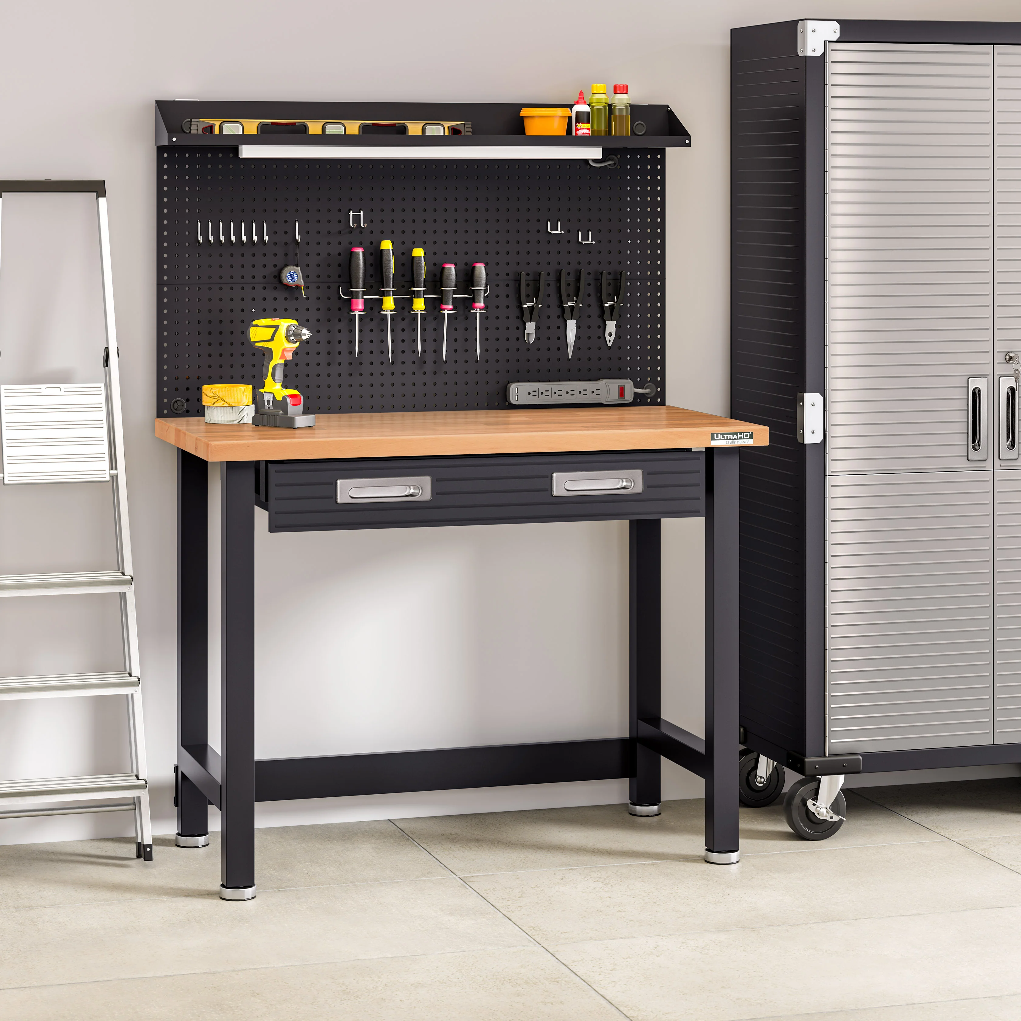 UltraHD® Lighted Workcenter w/ Wood Top and Pegboard, Graphite - Image 10