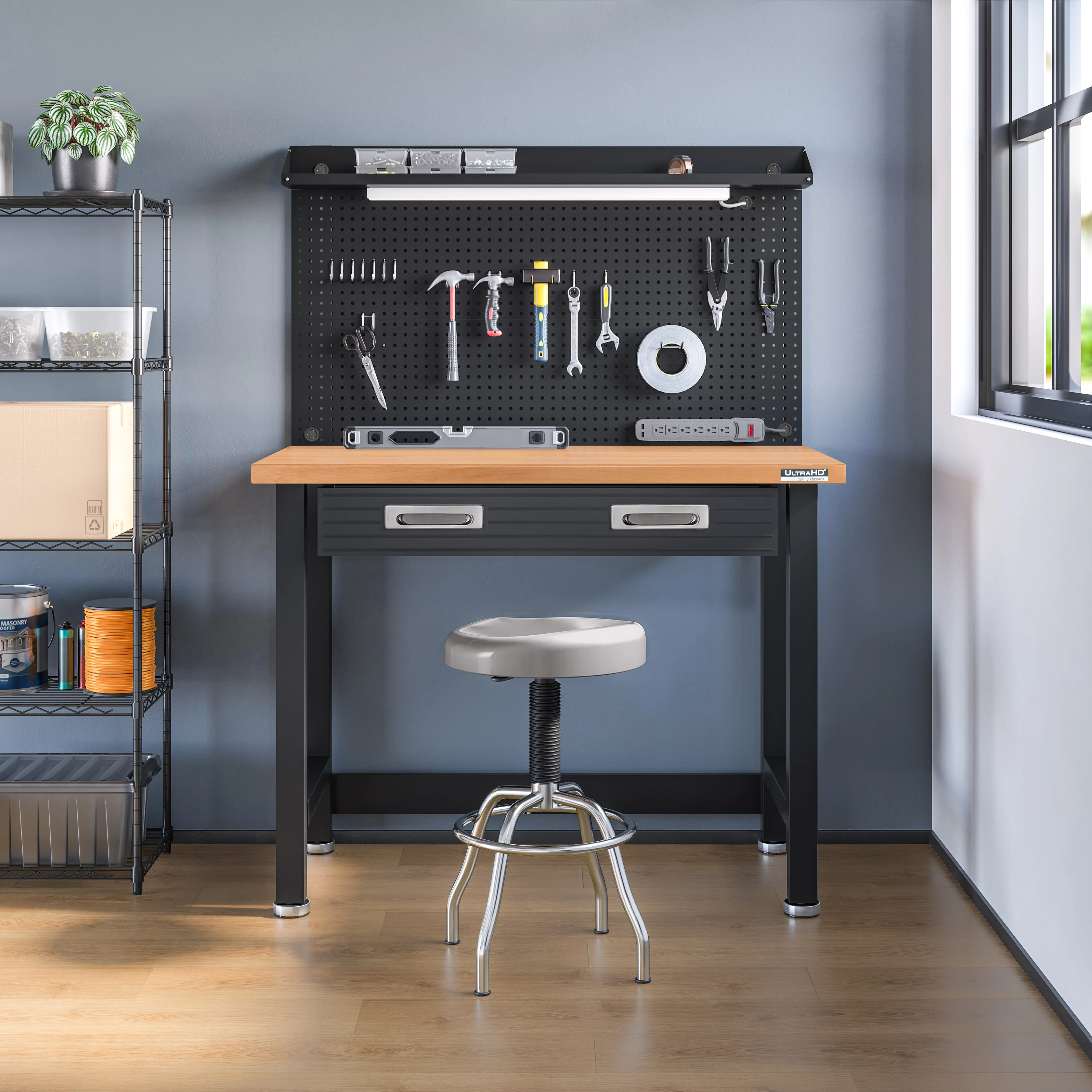 UltraHD® Lighted Workcenter w/ Wood Top and Pegboard, Graphite - Image 2