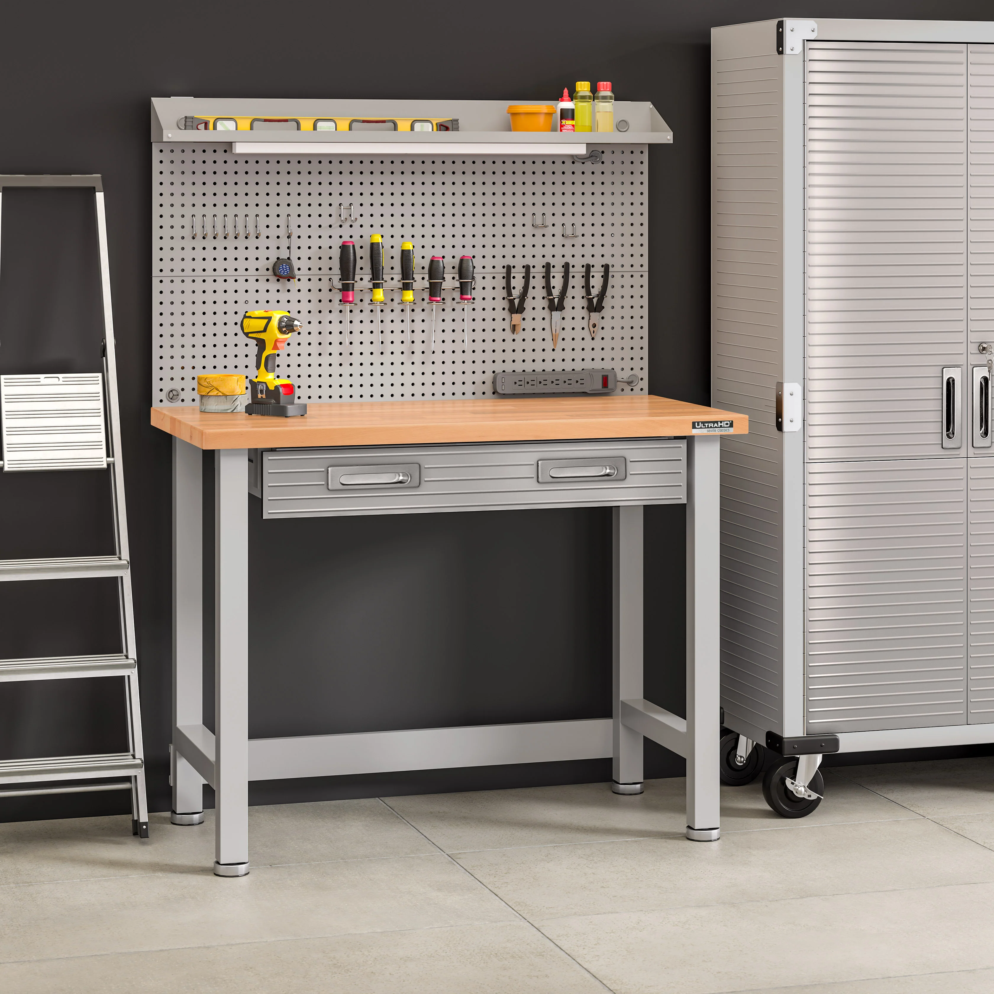 UltraHD® Lighted Workcenter w/ Wood Top and Pegboard, Granite - Image 2