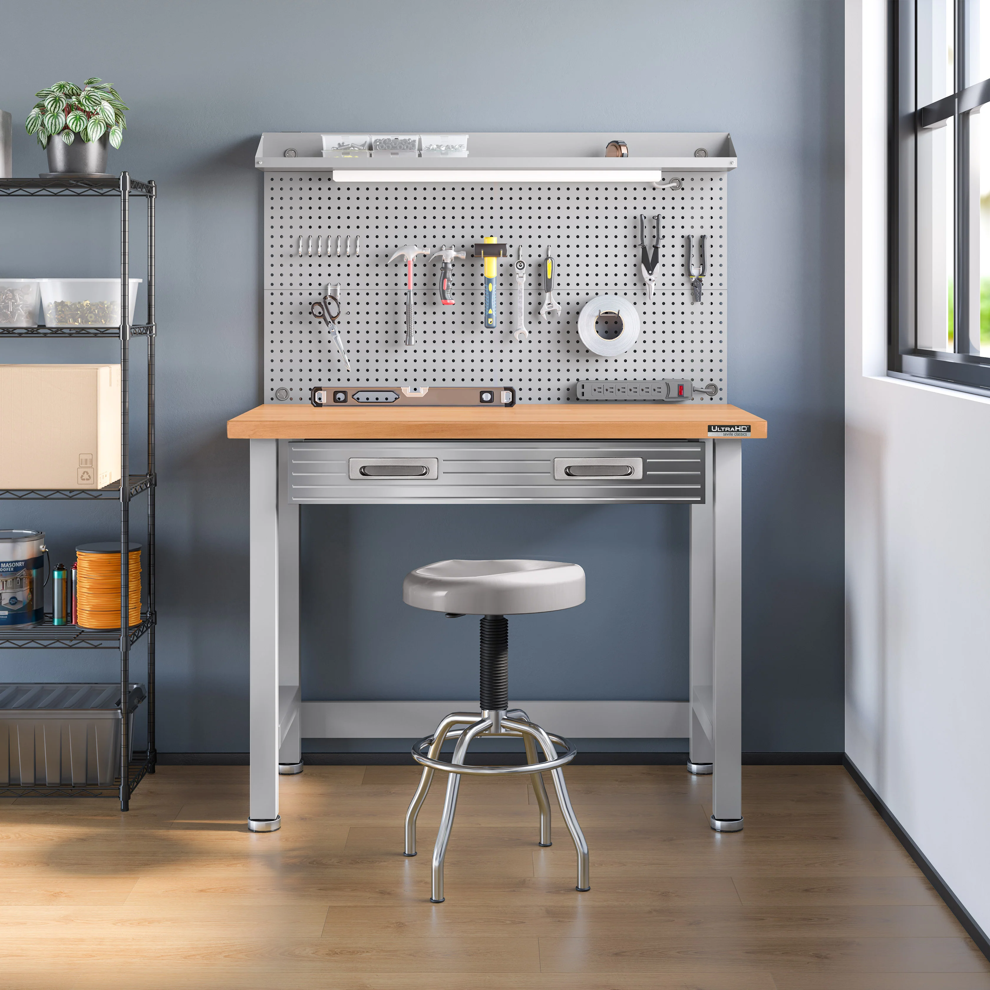 UltraHD® Lighted Workcenter w/ Wood Top and Pegboard, Granite - Image 12