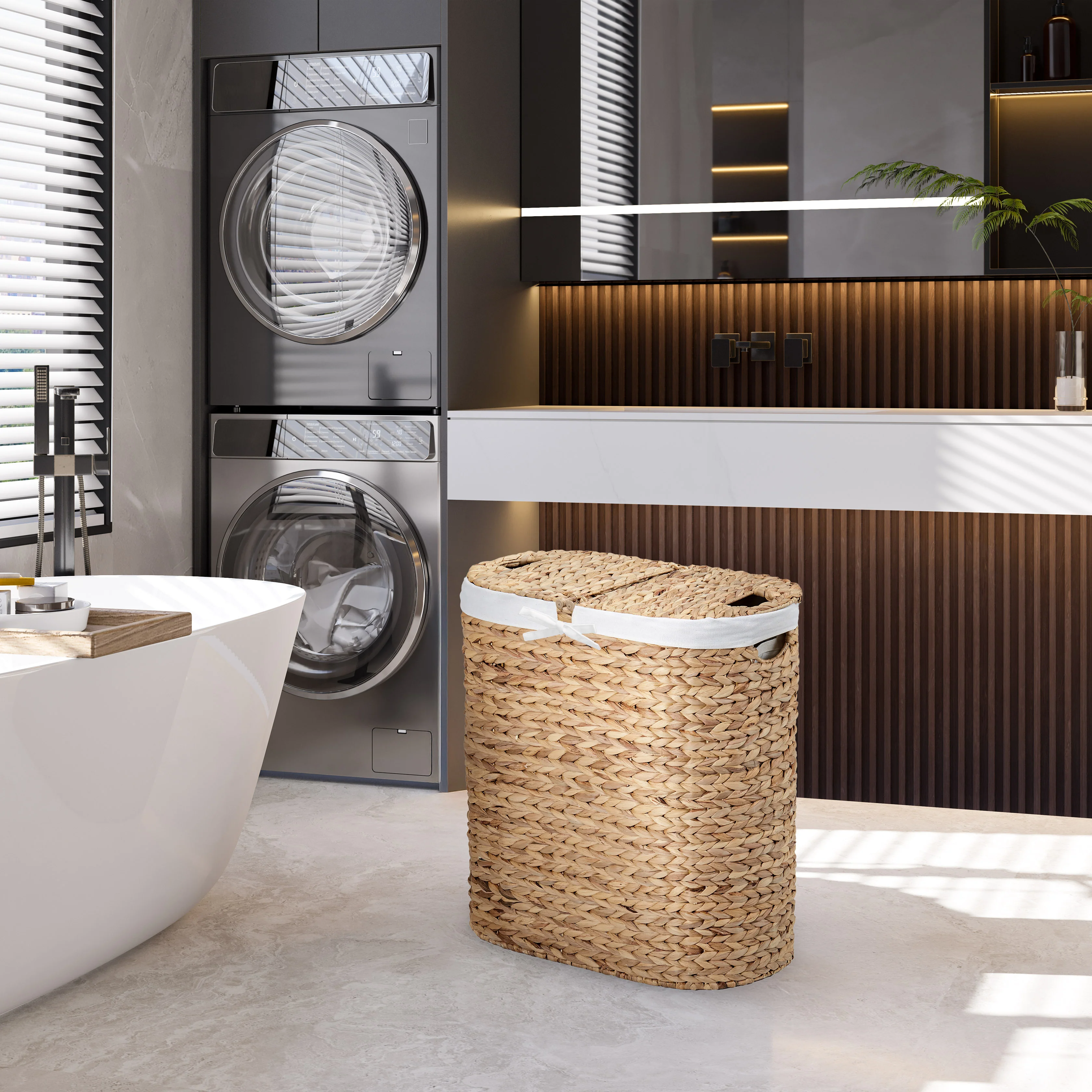 Natural Water Hyacinth Handwoven Lidded Oval Double Laundry Hamper - Image 3