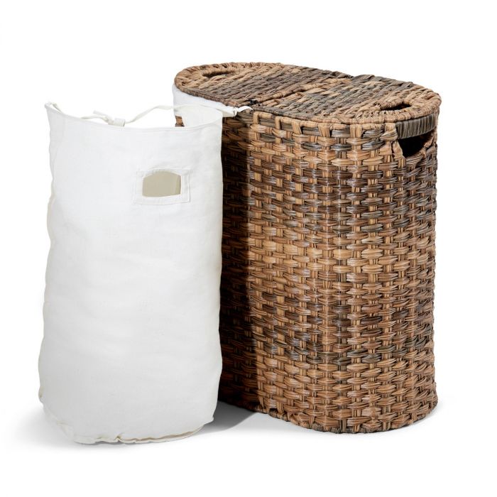 Handwoven Lidded Oval Double Laundry Hamper, Mocha Brown - Image 5