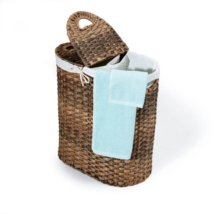 Handwoven Lidded Oval Double Laundry Hamper, Mocha Brown - Image 7